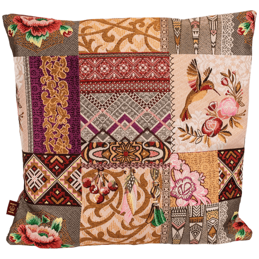 Multi-pattern patchwork pillow case with maroon and peach colorway