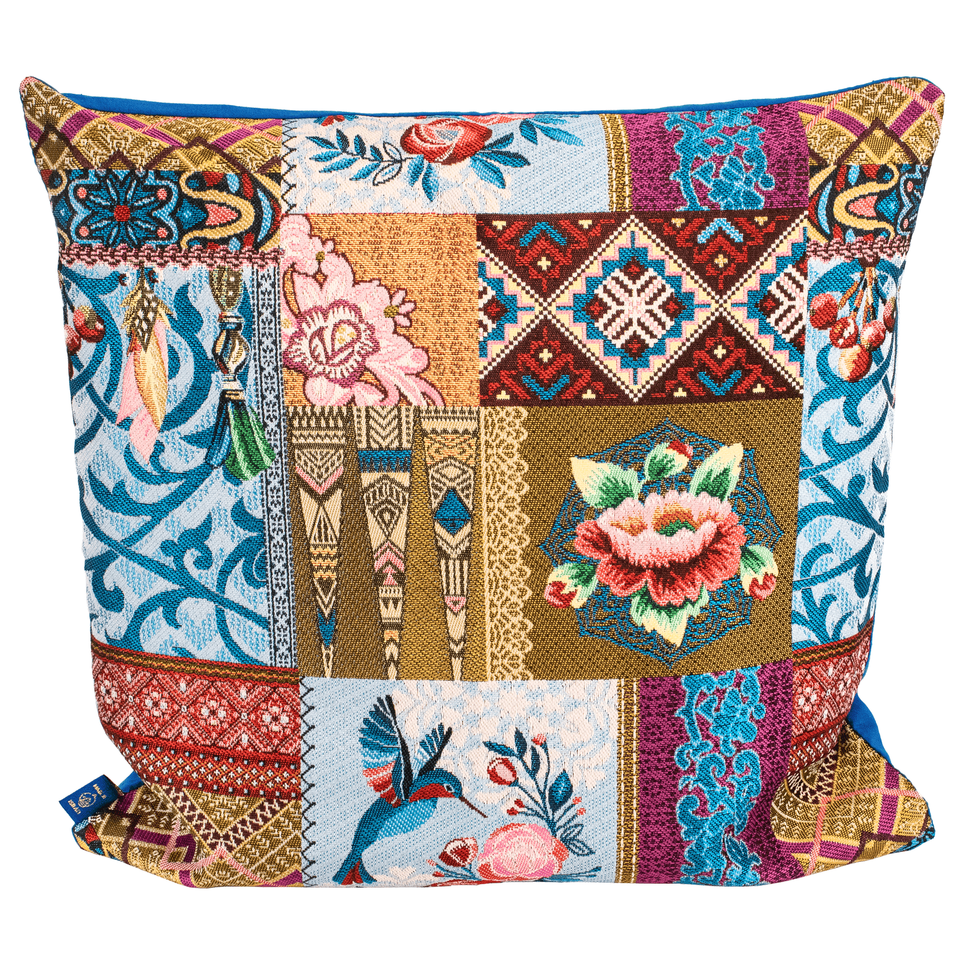 Multi-pattern patchwork pillow case with blue, gold and fuchsia colorway