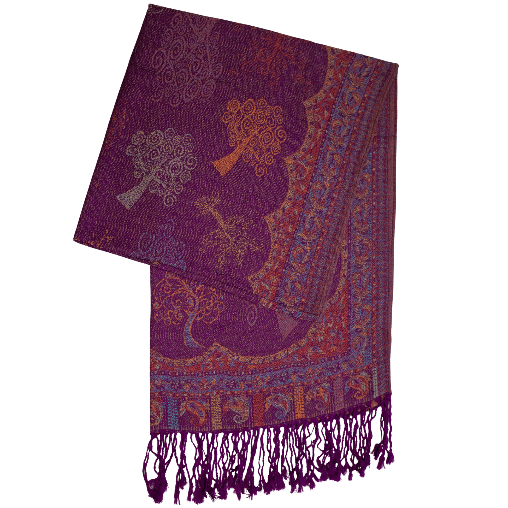 Purple Tree of Life scarf with a floral and paisley border