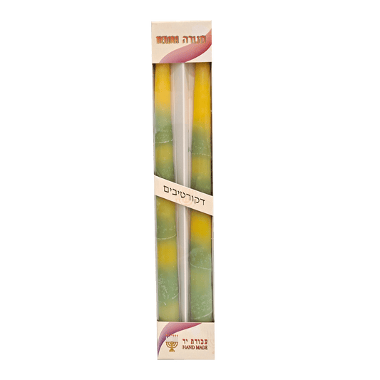 Yellow and green dripless Shabbat candles