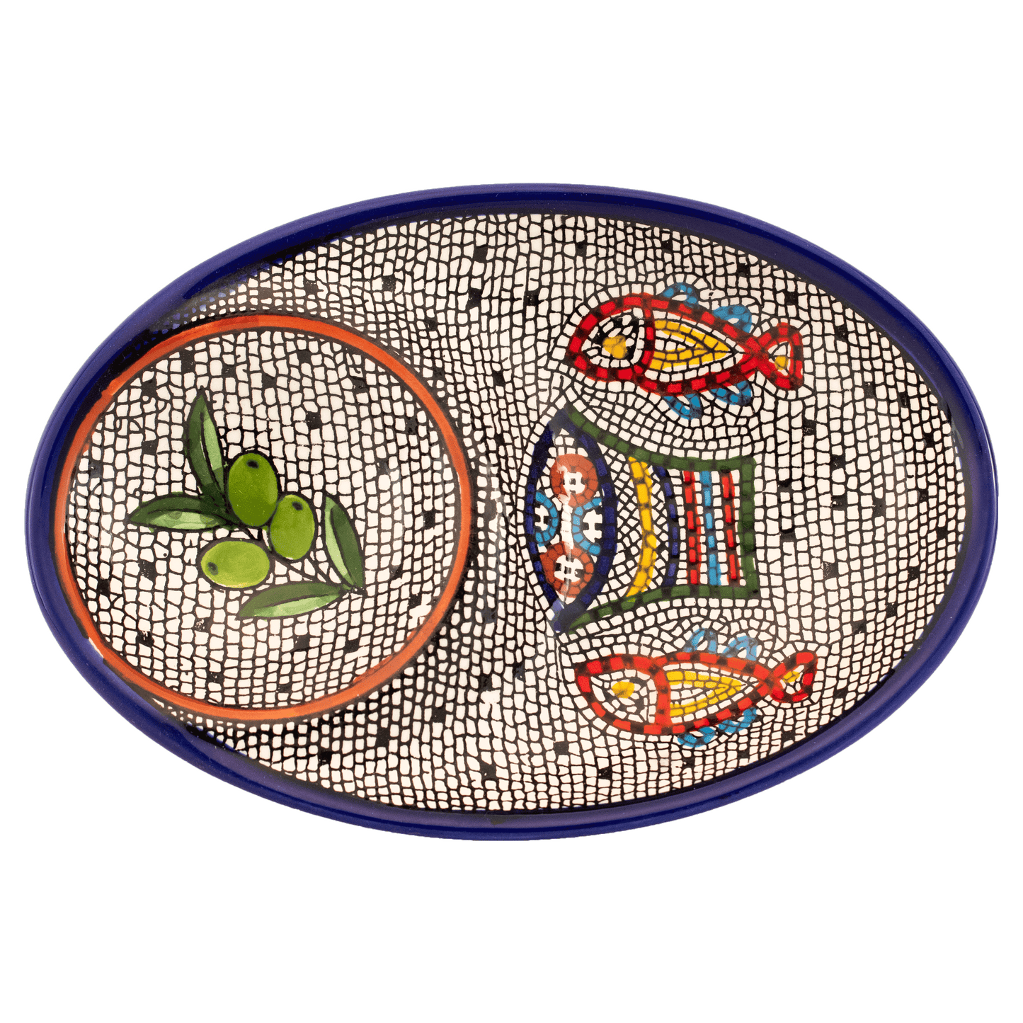 Armenian dipping dish with mosaic design of a basket of loaves two fish and olives
