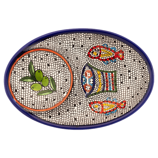 Armenian dipping dish with mosaic design of a basket of loaves two fish and olives