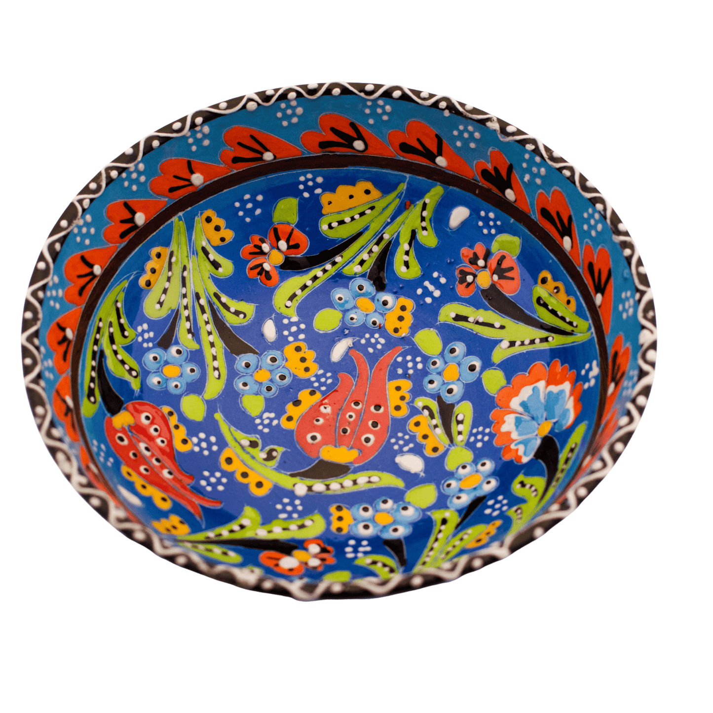 Light blue ceramic bowl with a multicolored floral design