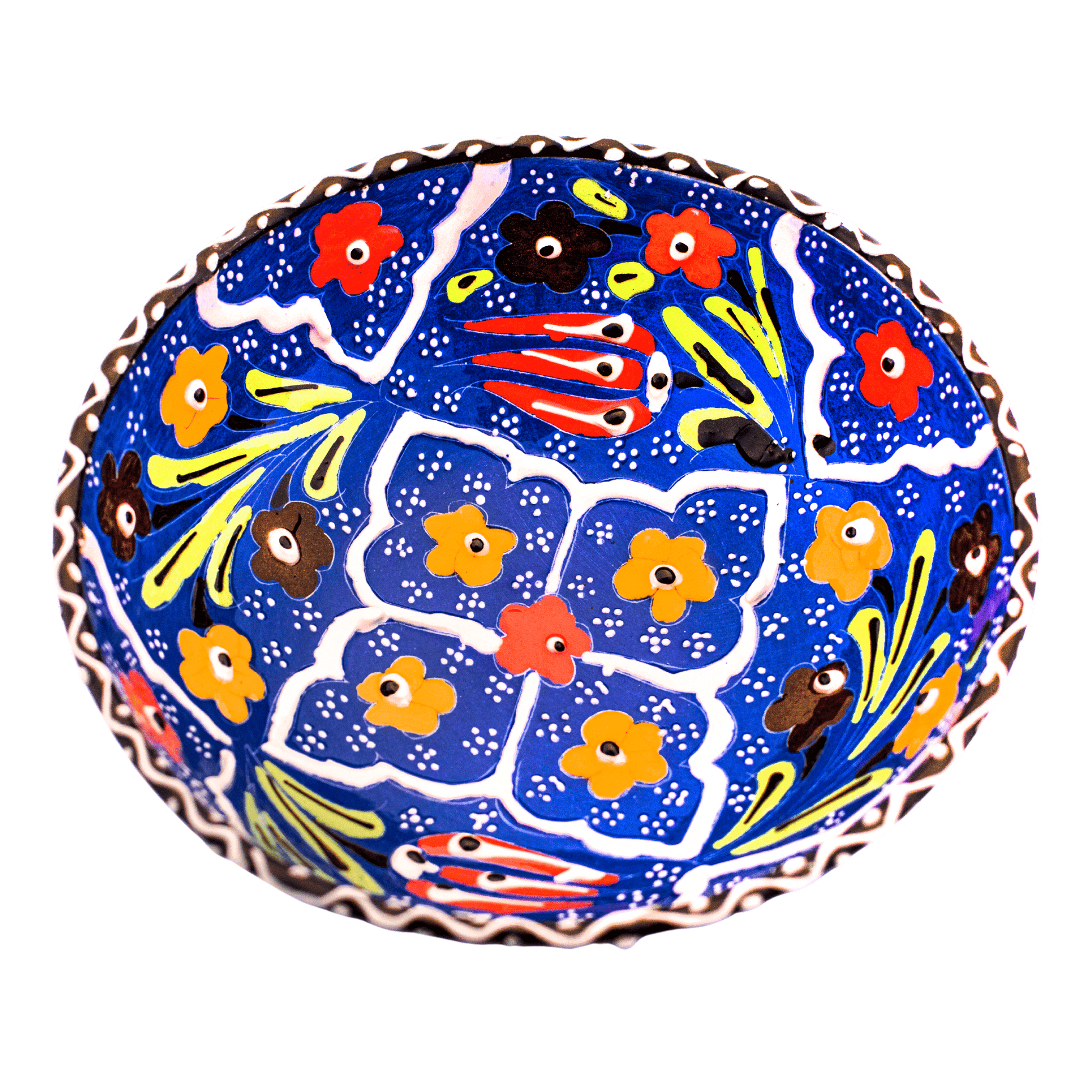 Blue ceramic bowl with a multicolored floral design