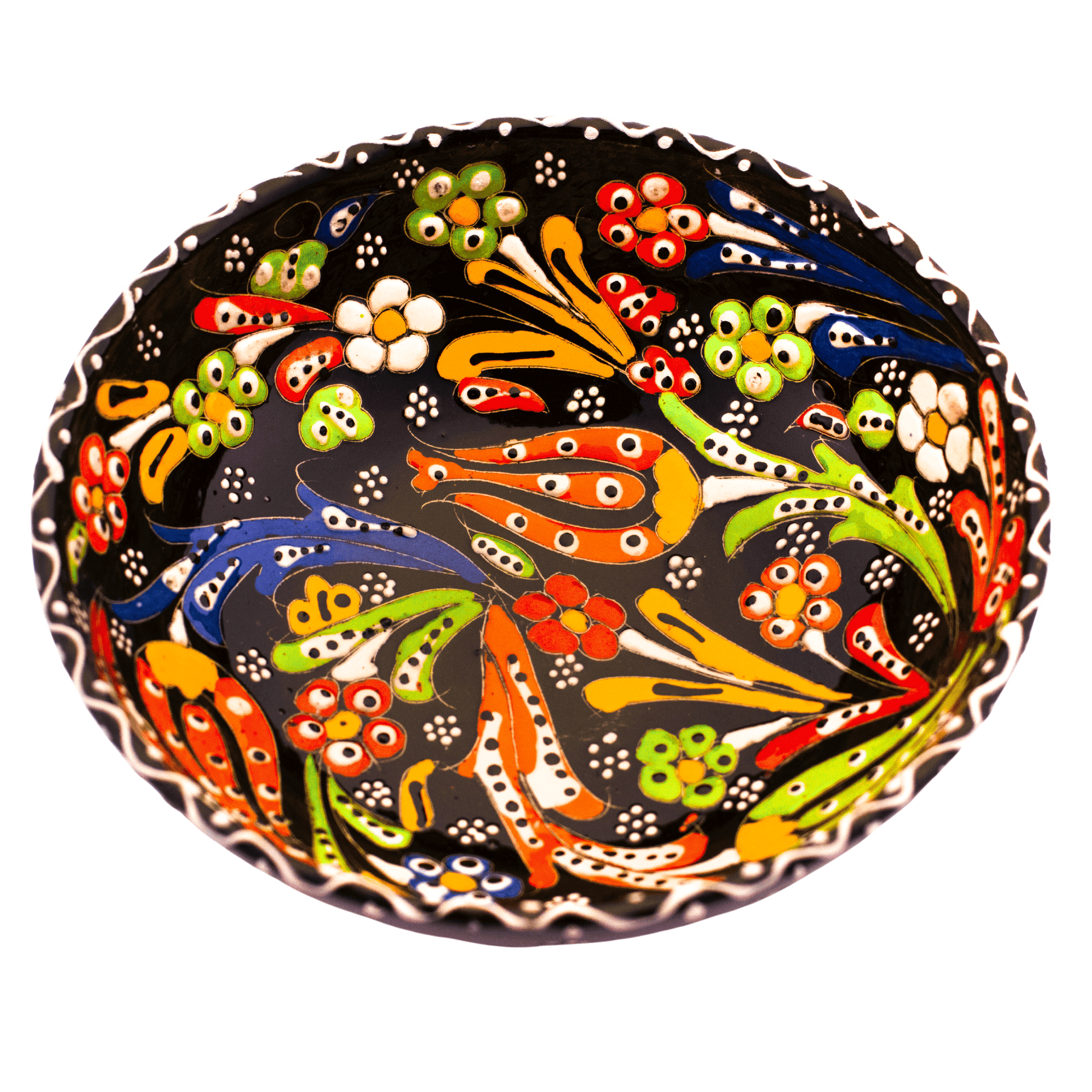 Black ceramic bowl with a multicolored floral design