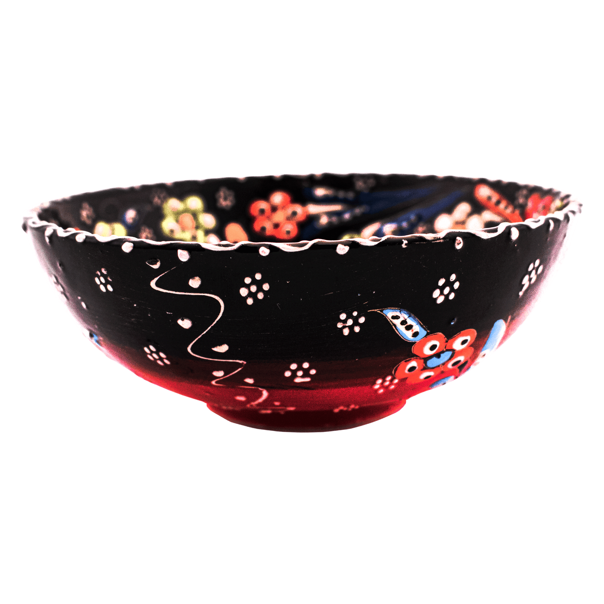 Black ceramic bowl with a multicolored floral design