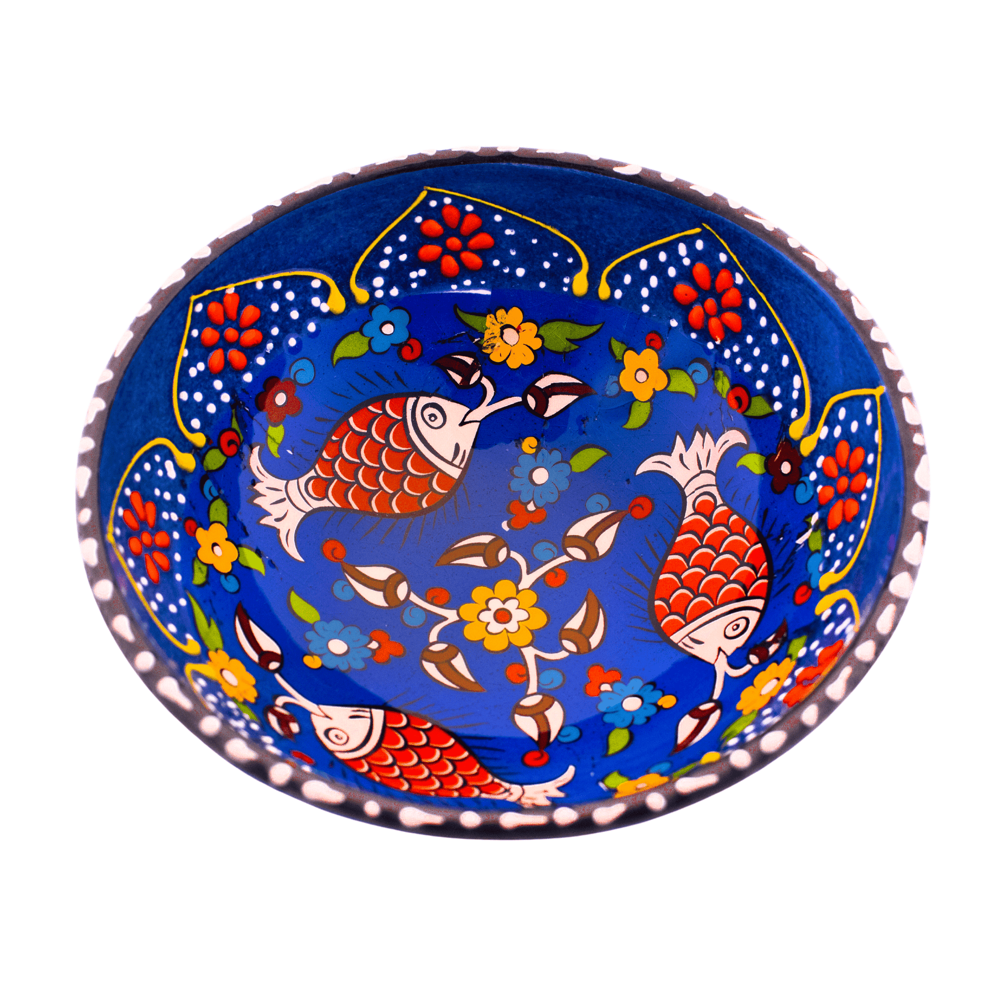 Blue ceramic bowl with a floral design with fishes