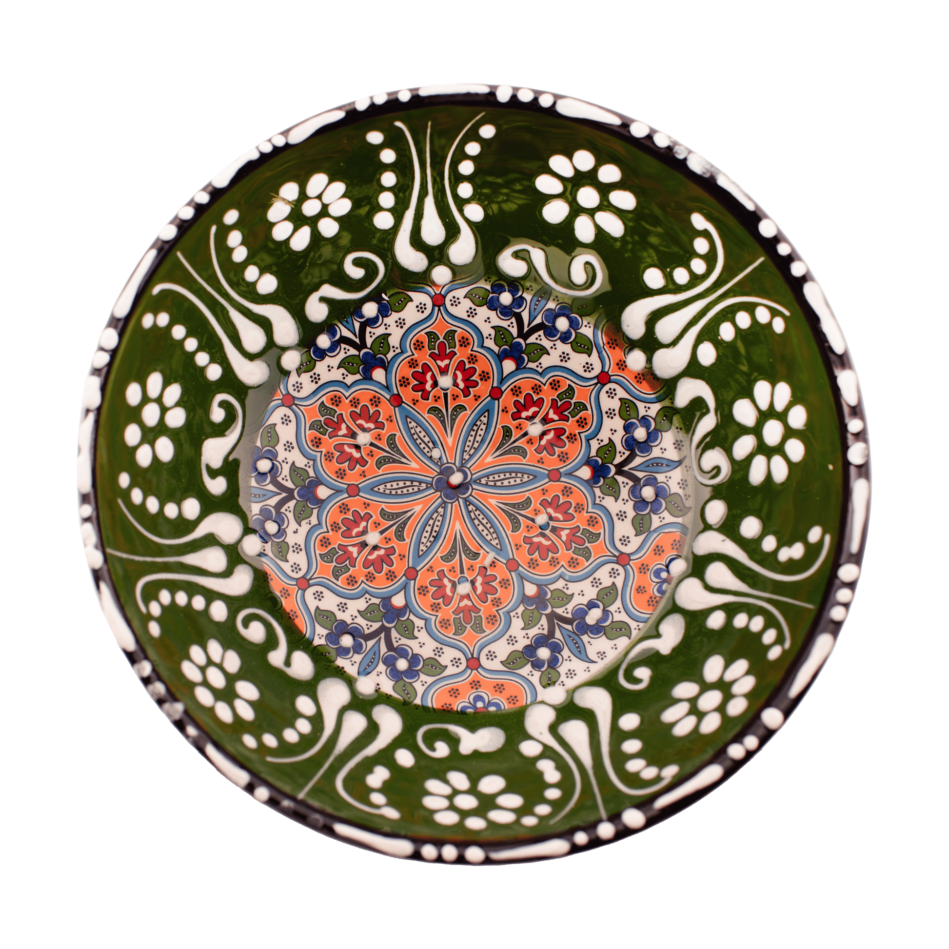 Handmade green and orange Middle Eastern-style ceramic bowl with an intricate floral design