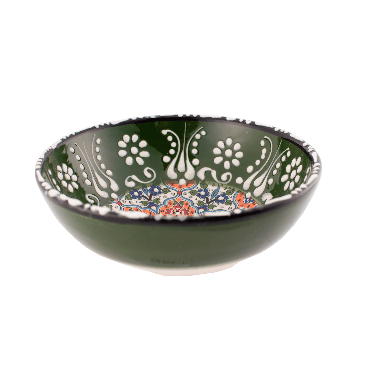 Handmade green and orange Middle Eastern-style ceramic bowl with an intricate floral design