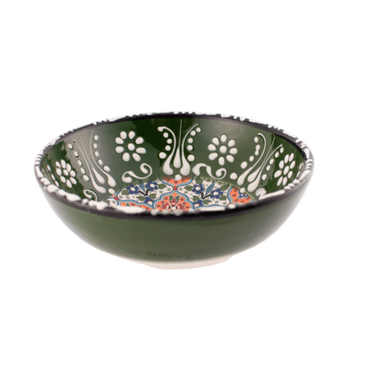 Handmade green and orange Middle Eastern-style ceramic bowl with an intricate floral design