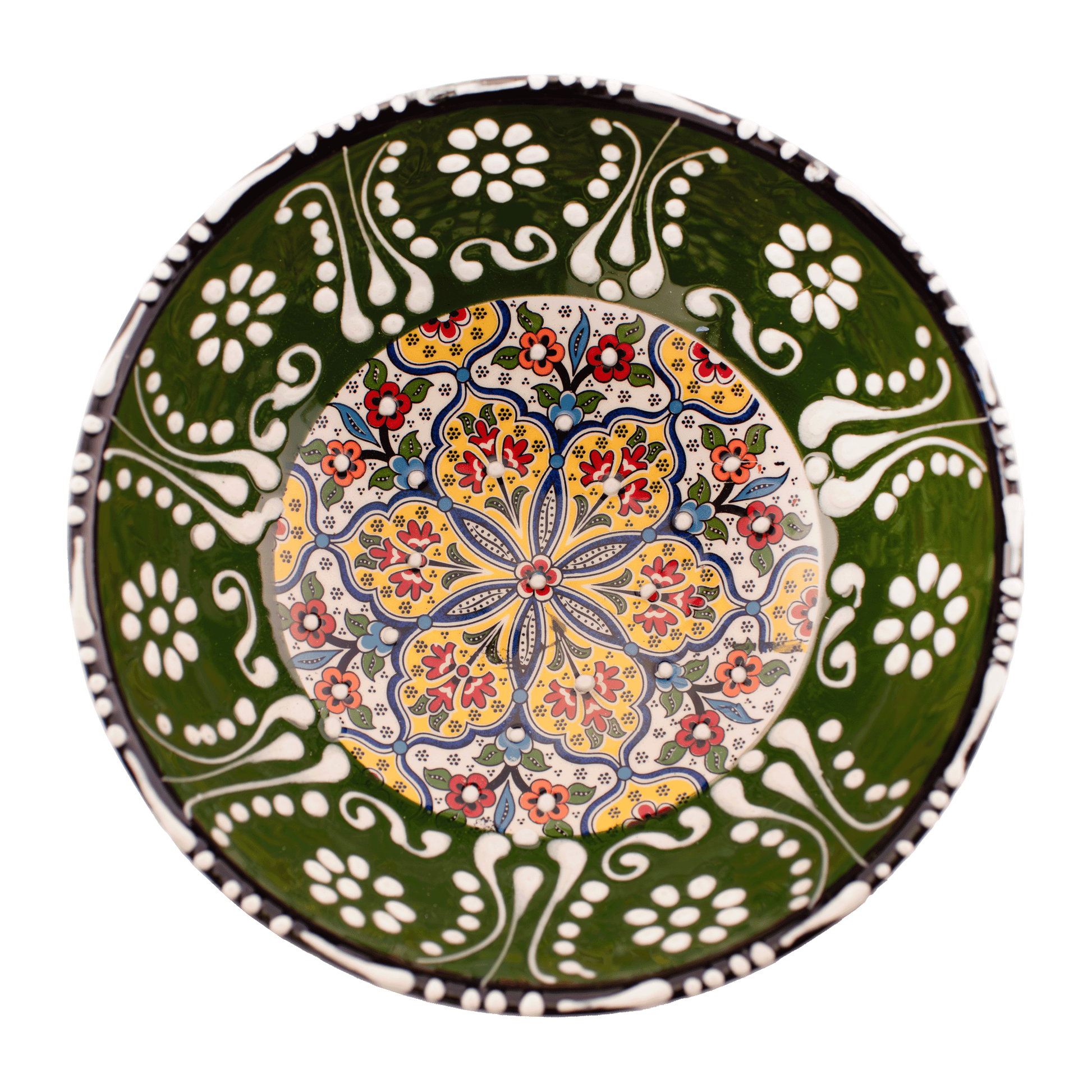 Handmade green and yellow Middle Eastern-style ceramic bowl with an intricate floral design