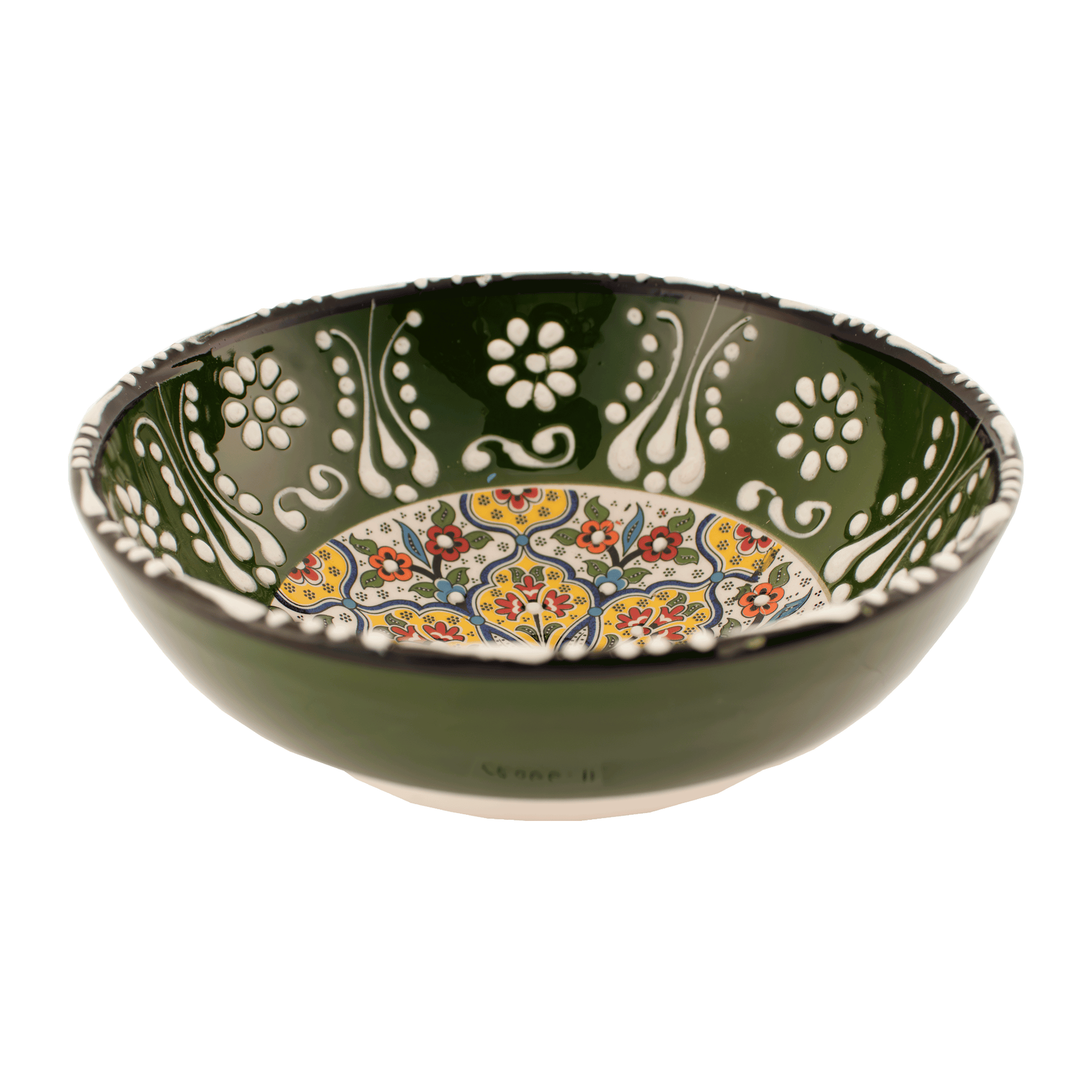 Handmade green and yellow Middle Eastern-style ceramic bowl with an intricate floral design