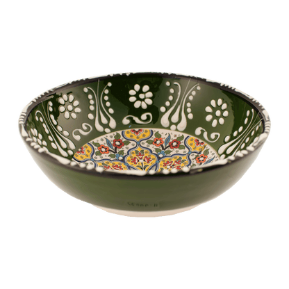 Handmade green and yellow Middle Eastern-style ceramic bowl with an intricate floral design