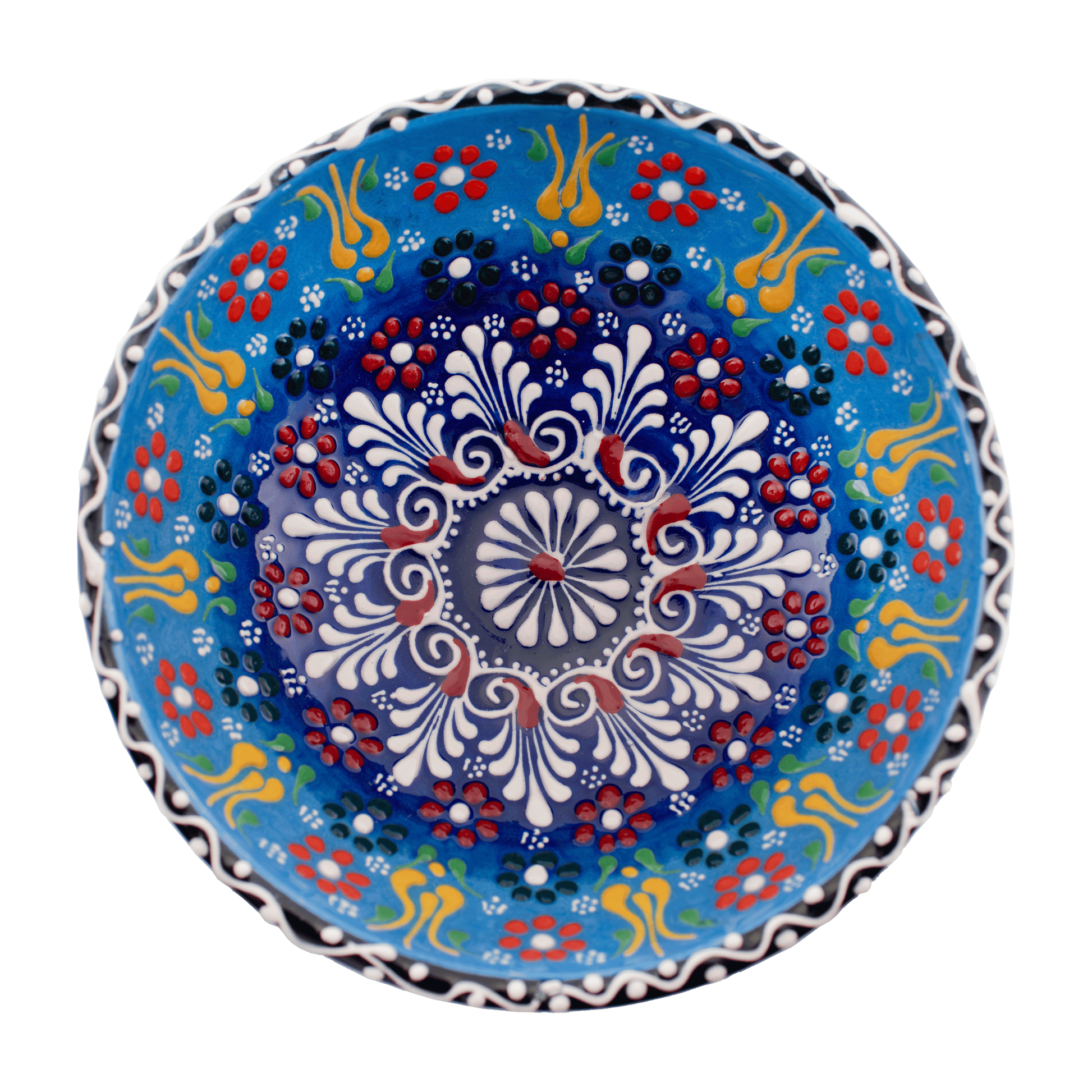 Handmade light blue and red Middle Eastern-style ceramic bowl with an intricate floral design