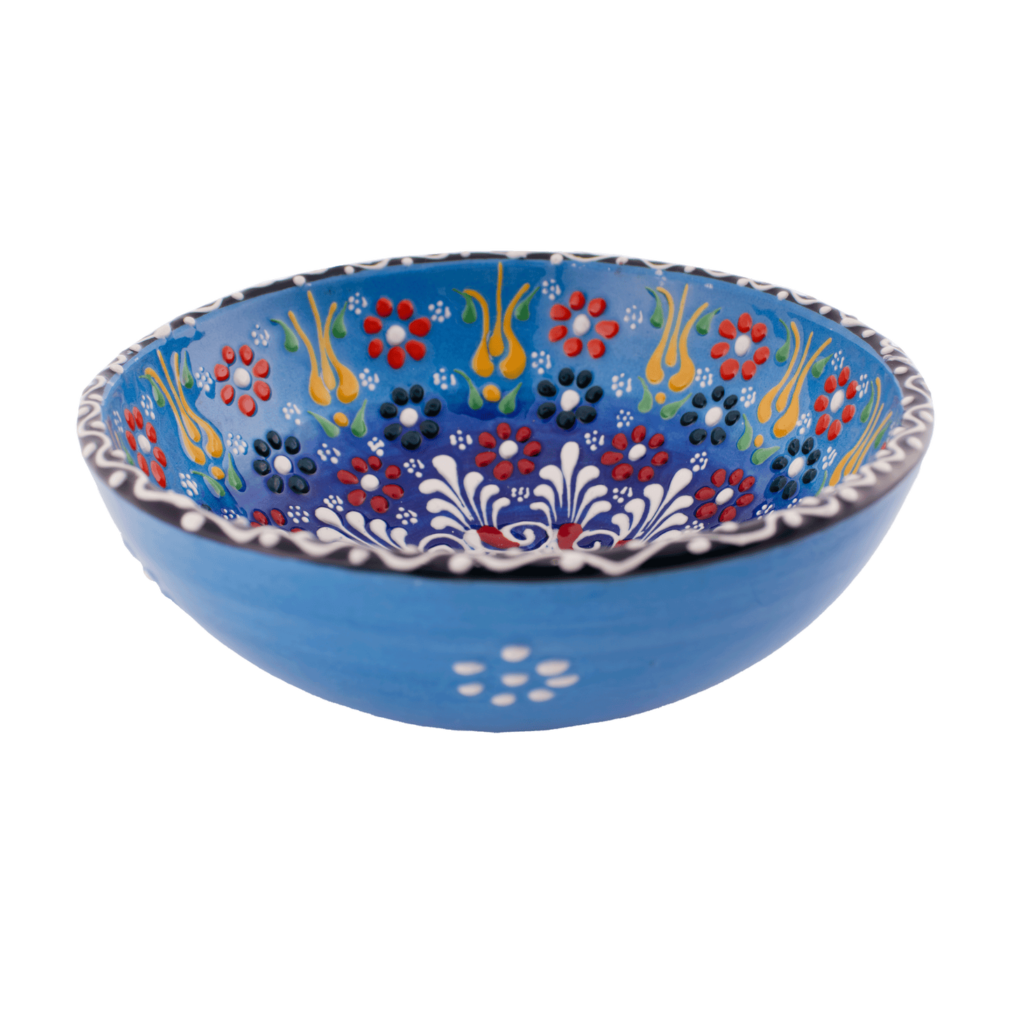 Handmade light blue and red Middle Eastern-style ceramic bowl with an intricate floral design