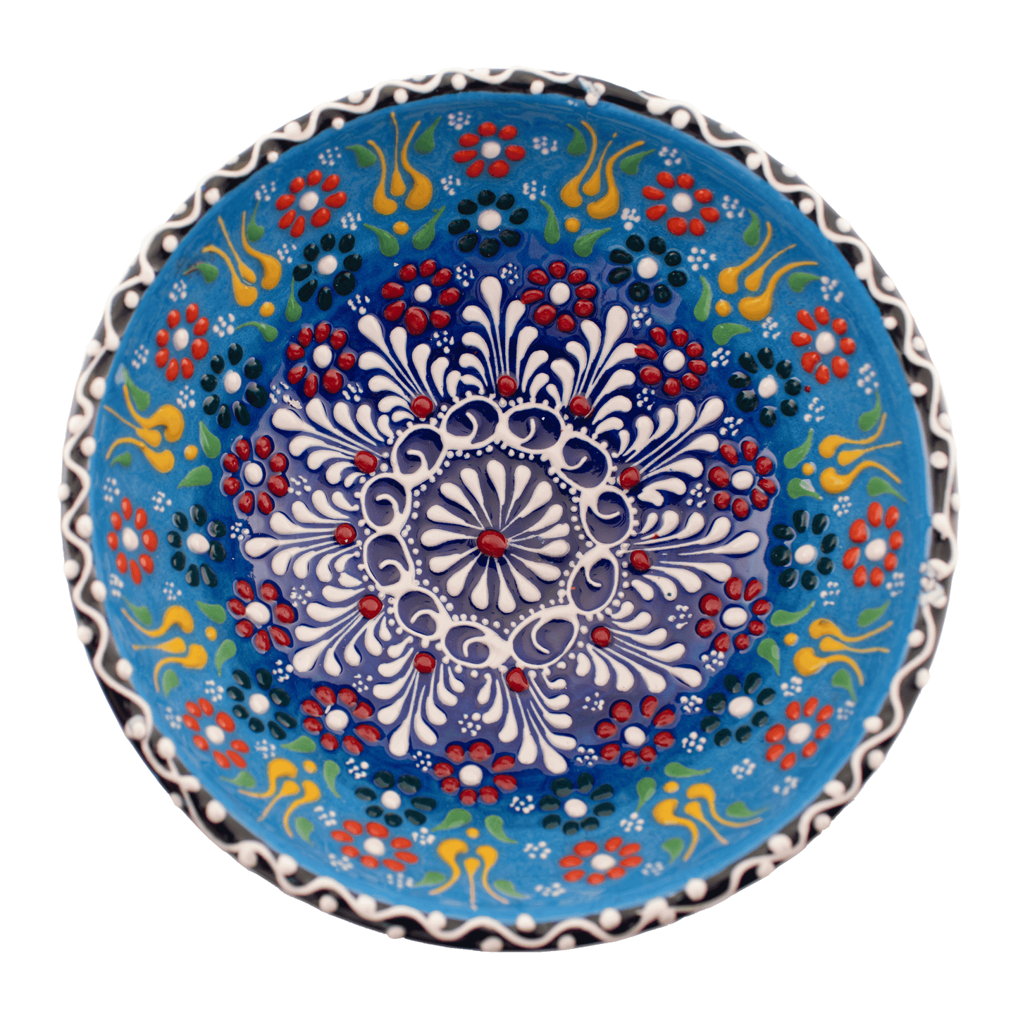 Handmade light blue and red Middle Eastern-style ceramic bowl with an intricate floral design