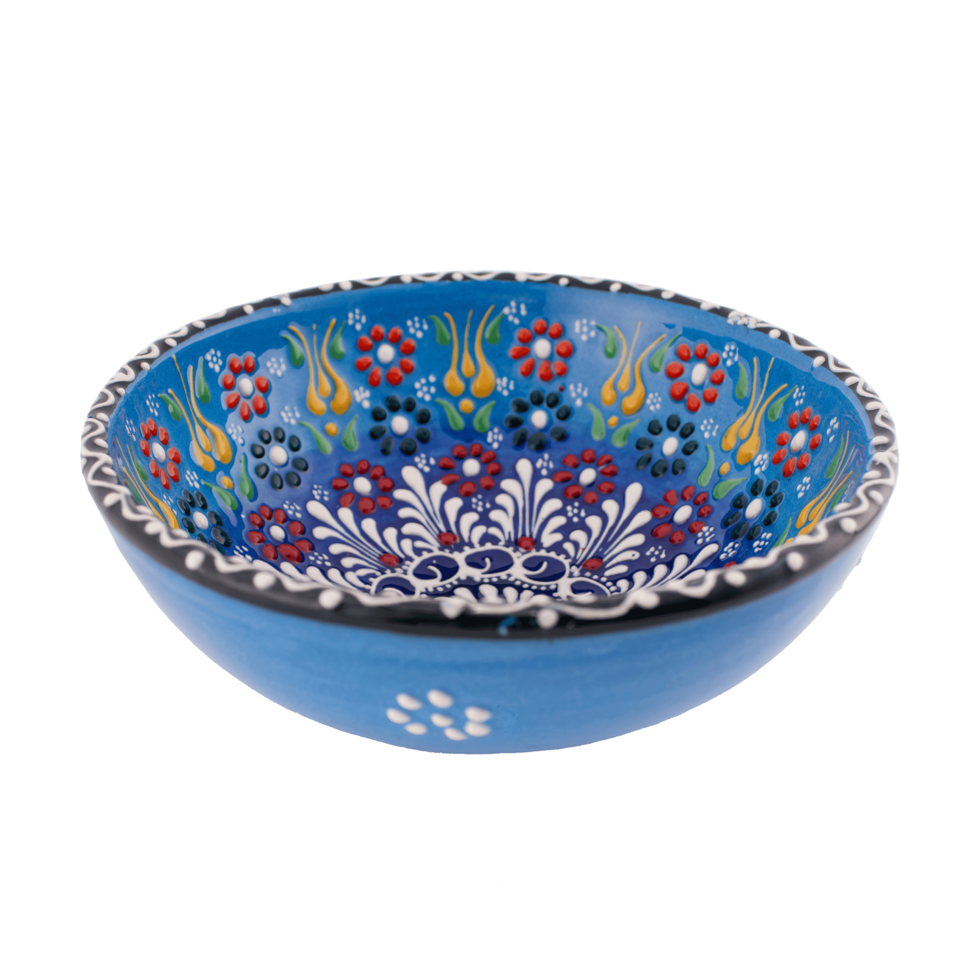 Handmade light blue and red Middle Eastern-style ceramic bowl with an intricate floral design