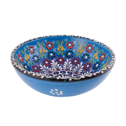 Handmade light blue and red Middle Eastern-style ceramic bowl with an intricate floral design