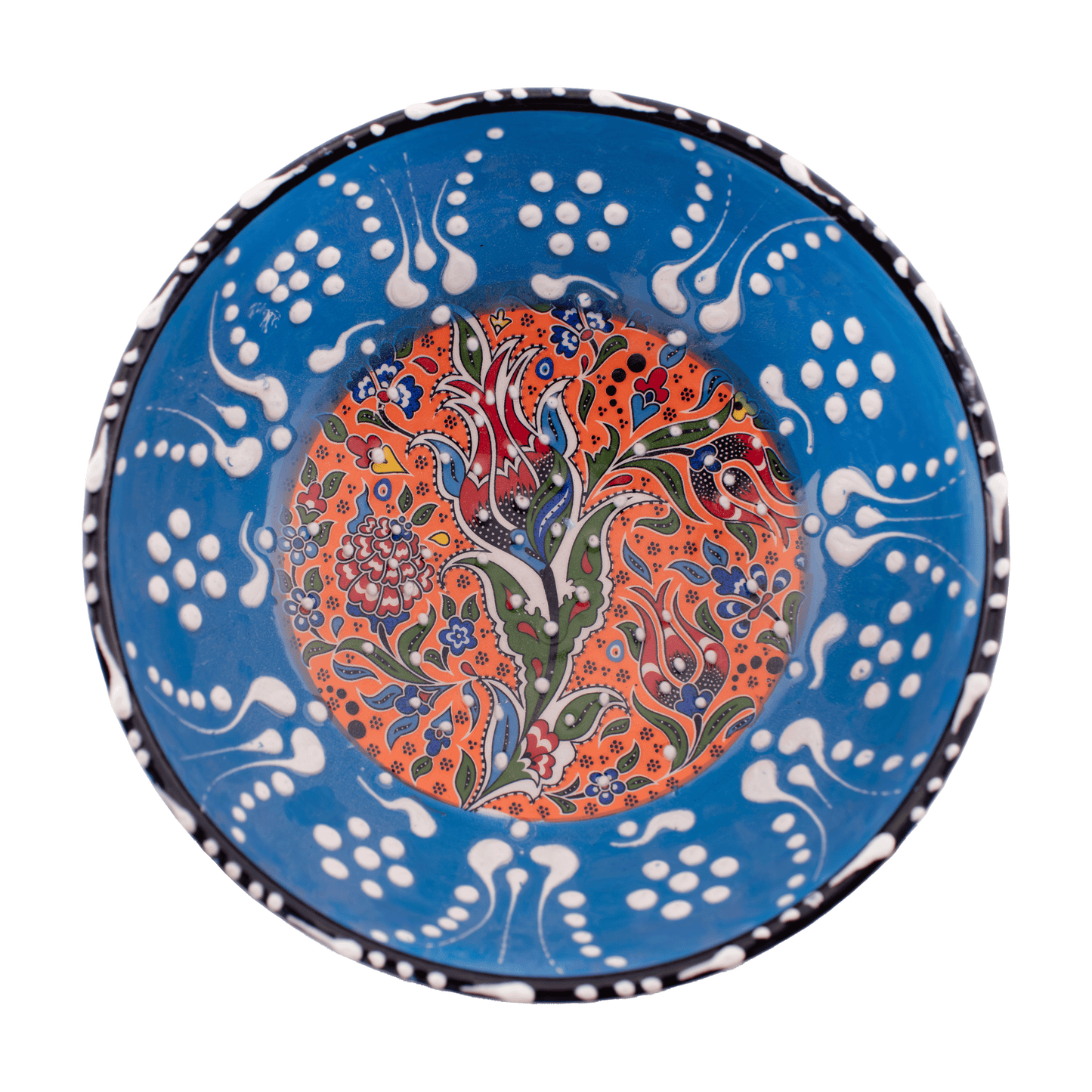 Handmade light blue and orange Middle Eastern-style ceramic bowl with an intricate floral design