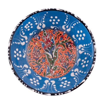 Handmade light blue and orange Middle Eastern-style ceramic bowl with an intricate floral design