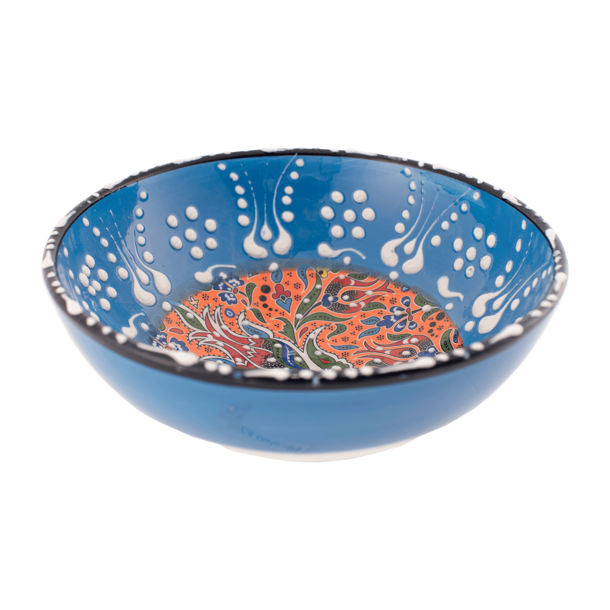 Handmade light blue and orange Middle Eastern-style ceramic bowl with an intricate floral design