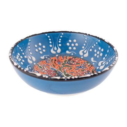 Handmade light blue and orange Middle Eastern-style ceramic bowl with an intricate floral design