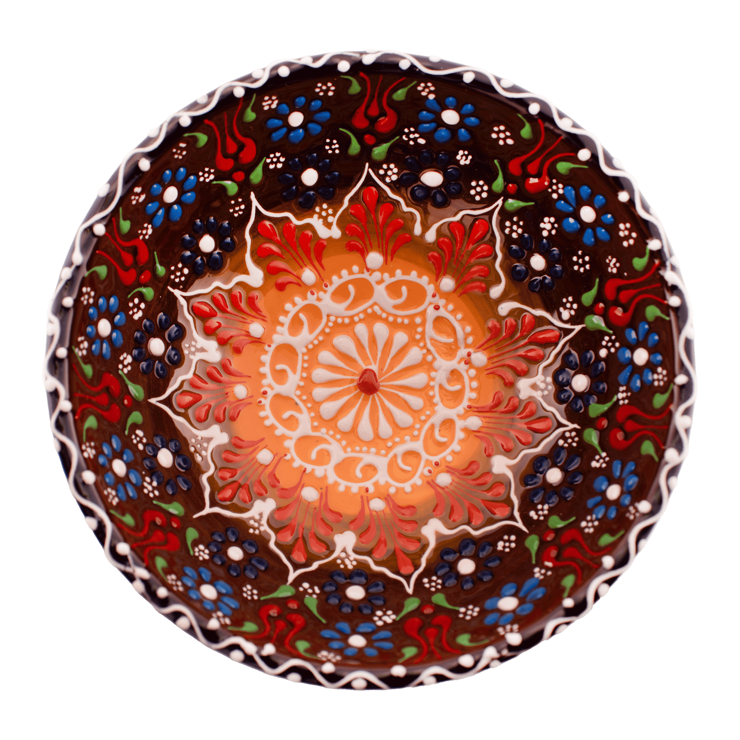 Handmade light brown and blue Middle Eastern-style ceramic bowl with an intricate floral design