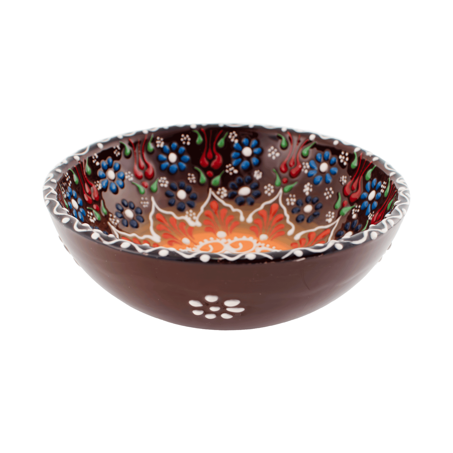 Handmade light brown and blue Middle Eastern-style ceramic bowl with an intricate floral design