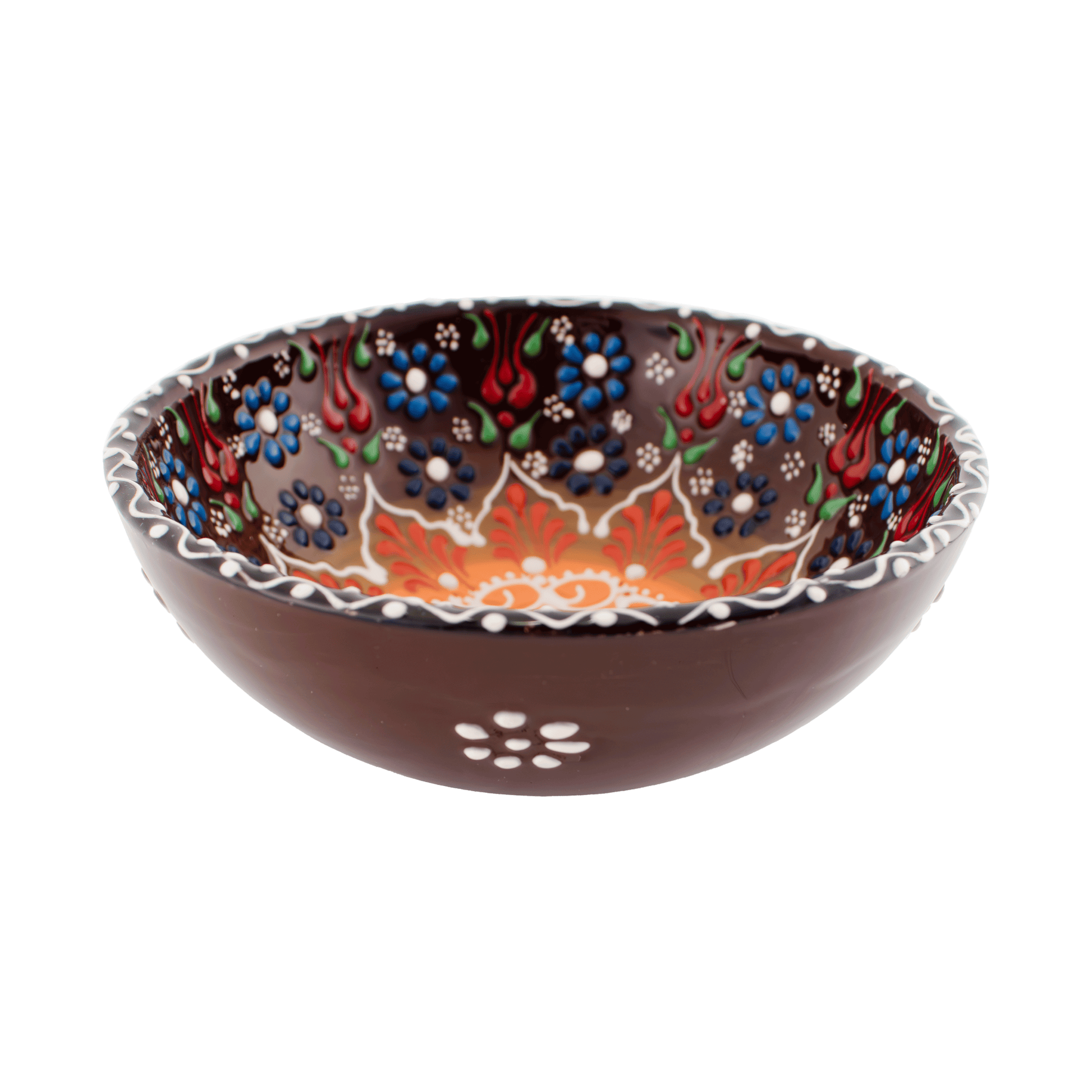 Handmade light brown and blue Middle Eastern-style ceramic bowl with an intricate floral design