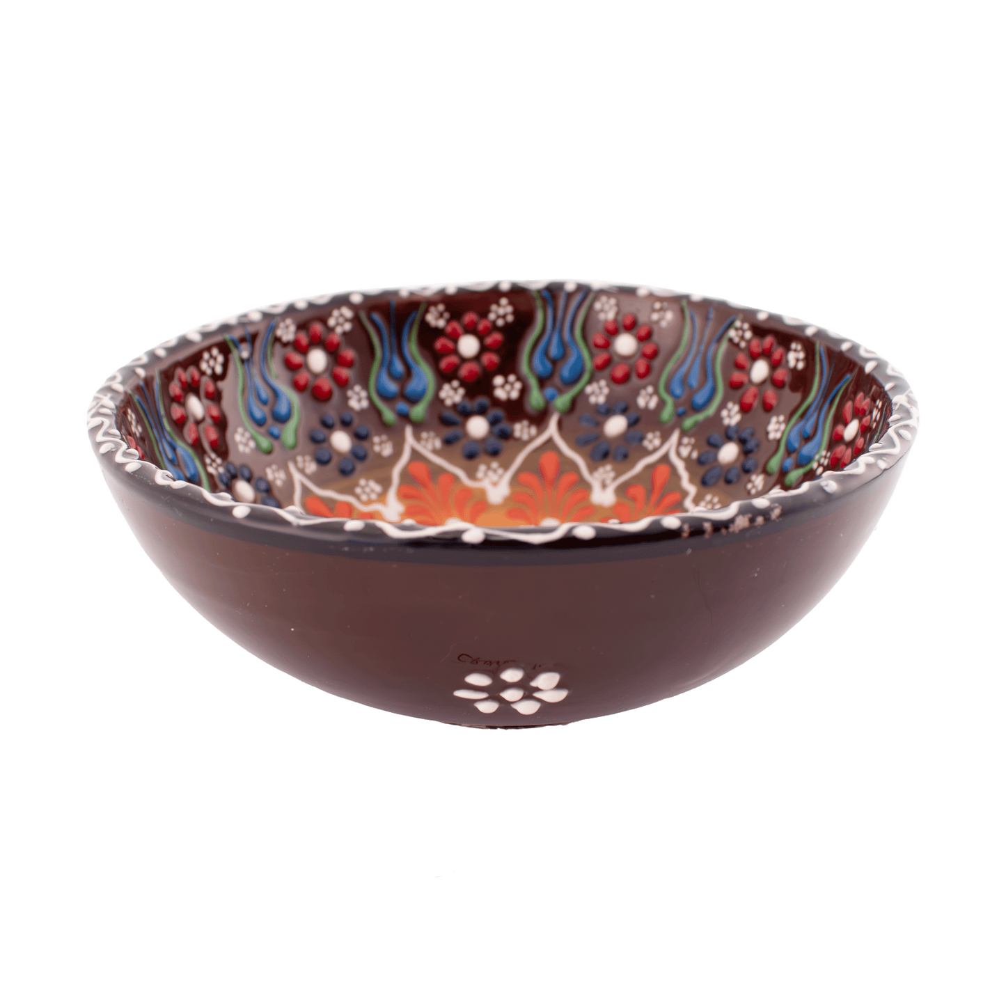 Handmade light brown and red Middle Eastern-style ceramic bowl with an intricate floral design