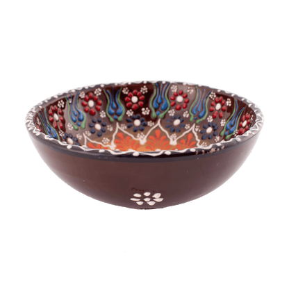 Handmade light brown and red Middle Eastern-style ceramic bowl with an intricate floral design