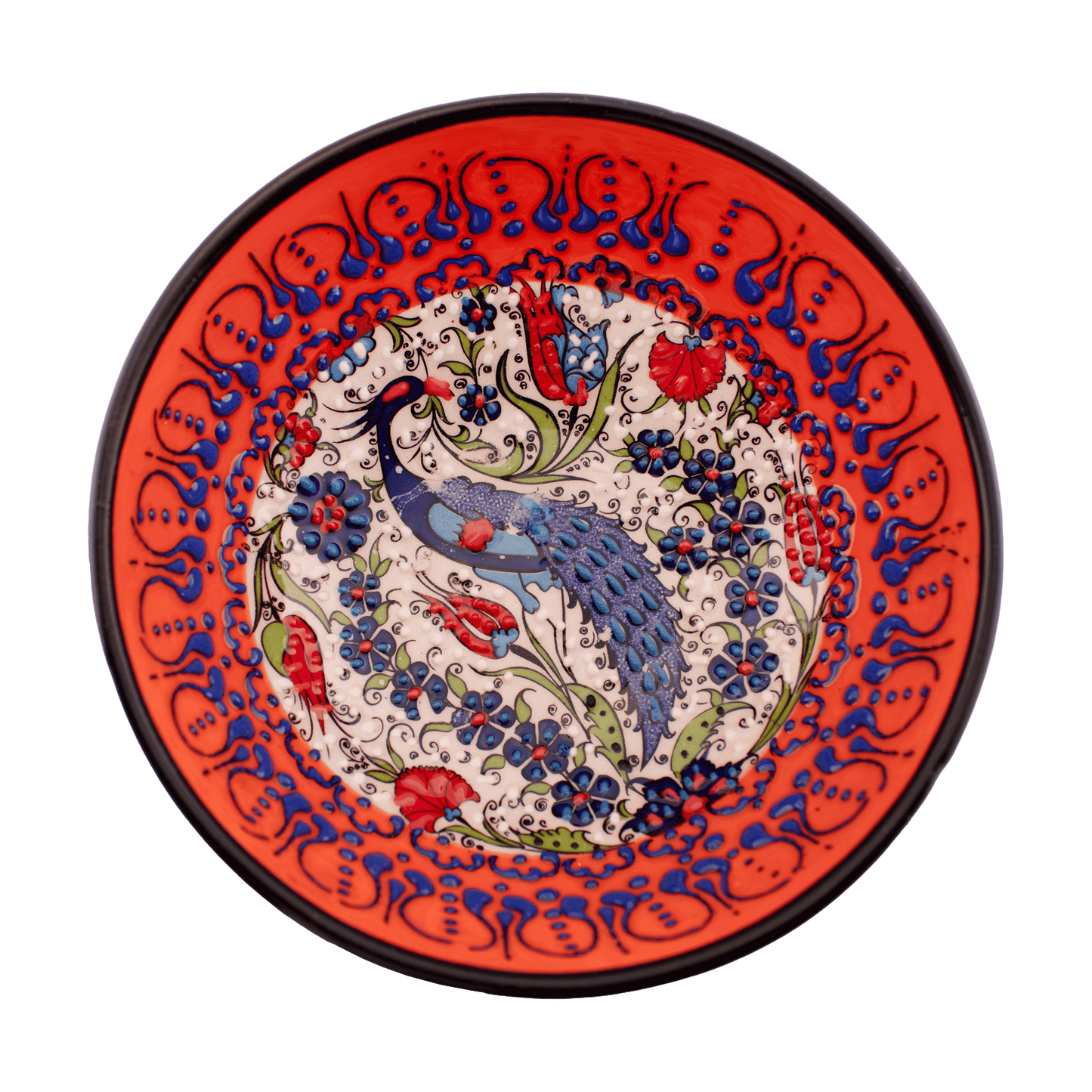 Handmade orange Middle Eastern-style ceramic bowl with an intricate floral and peacock design