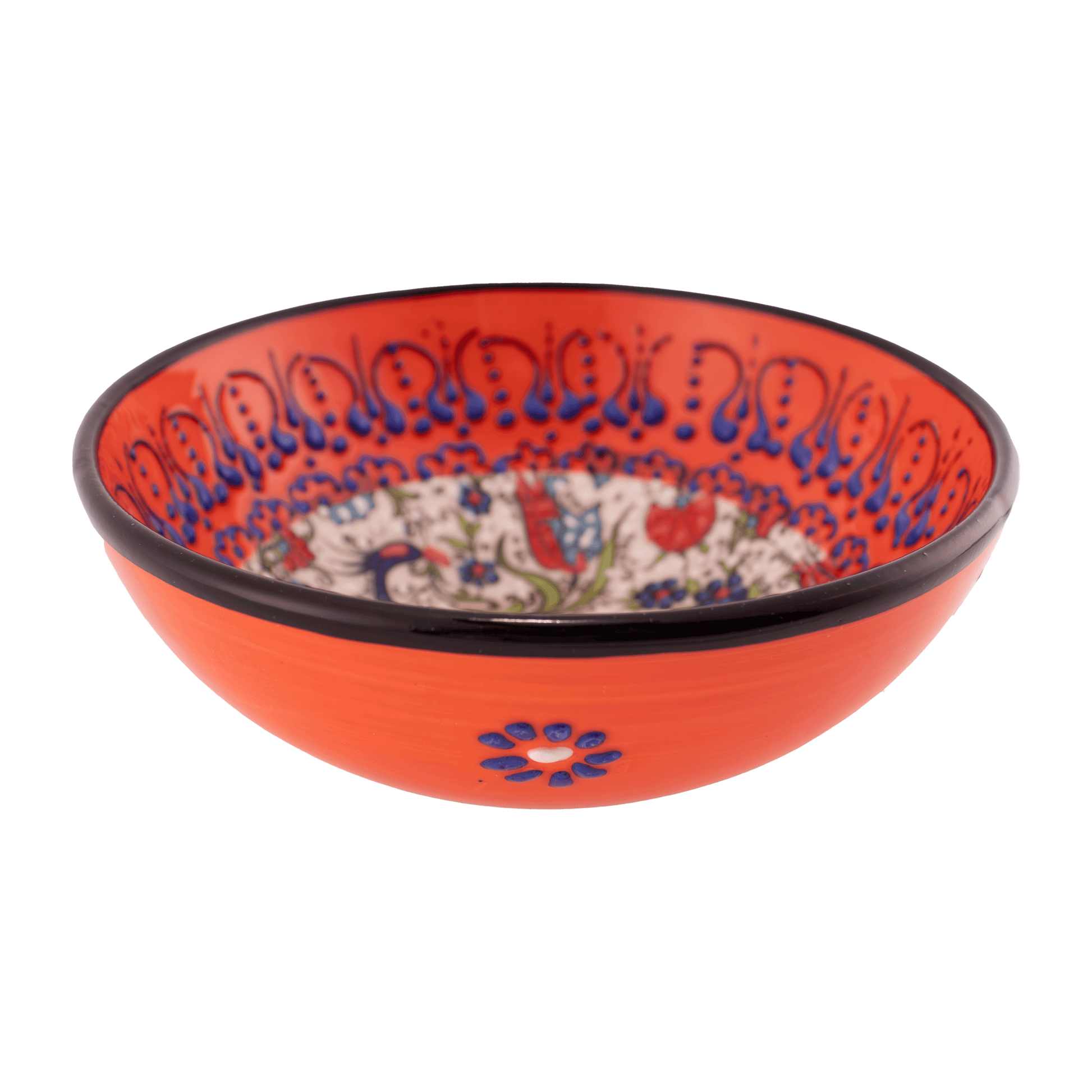 Handmade orange Middle Eastern-style ceramic bowl with an intricate floral and peacock design