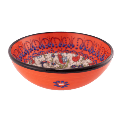 Handmade orange Middle Eastern-style ceramic bowl with an intricate floral and peacock design