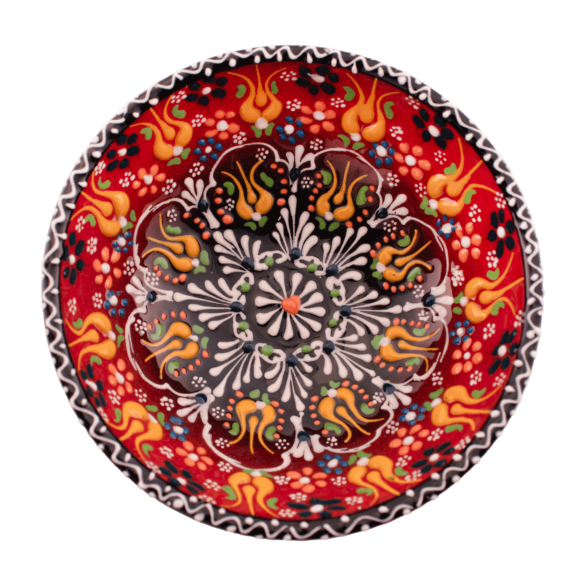 Handmade red and green Middle Eastern-style ceramic bowl with an intricate floral design