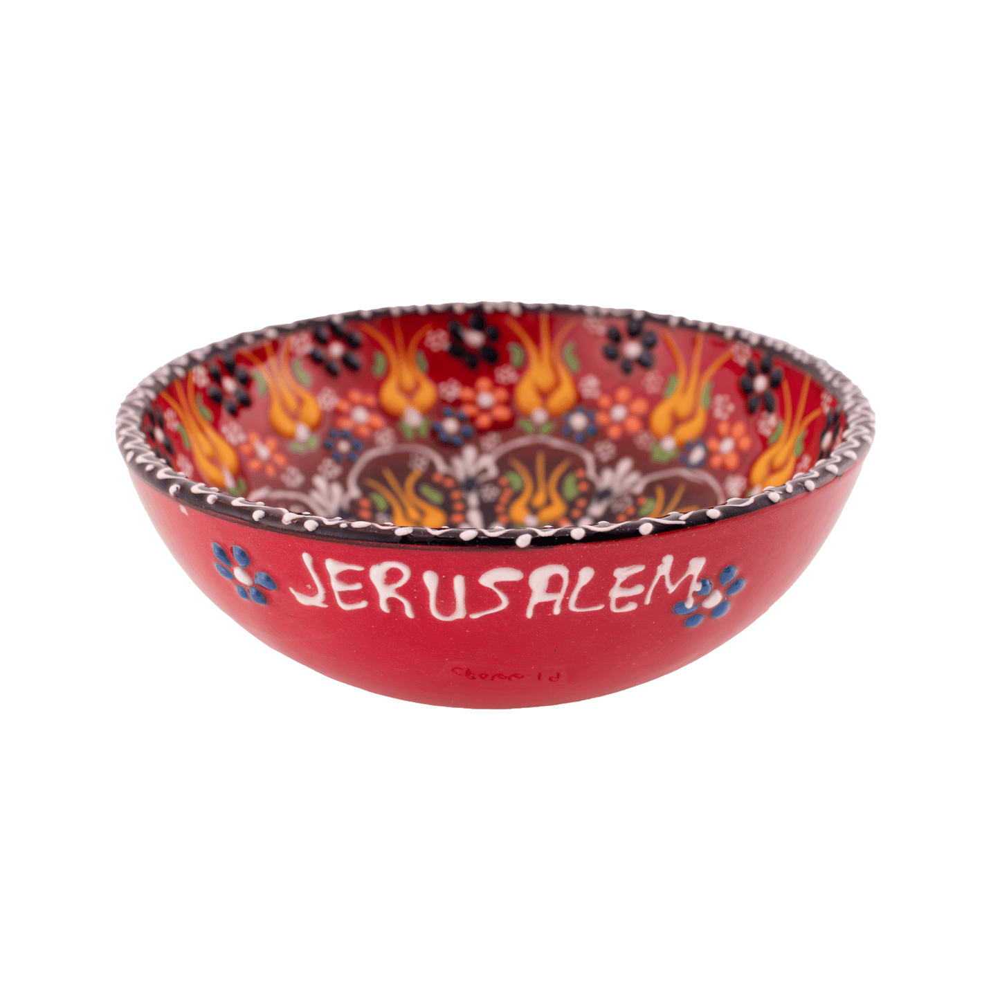 Handmade red and green Middle Eastern-style ceramic bowl with an intricate floral design