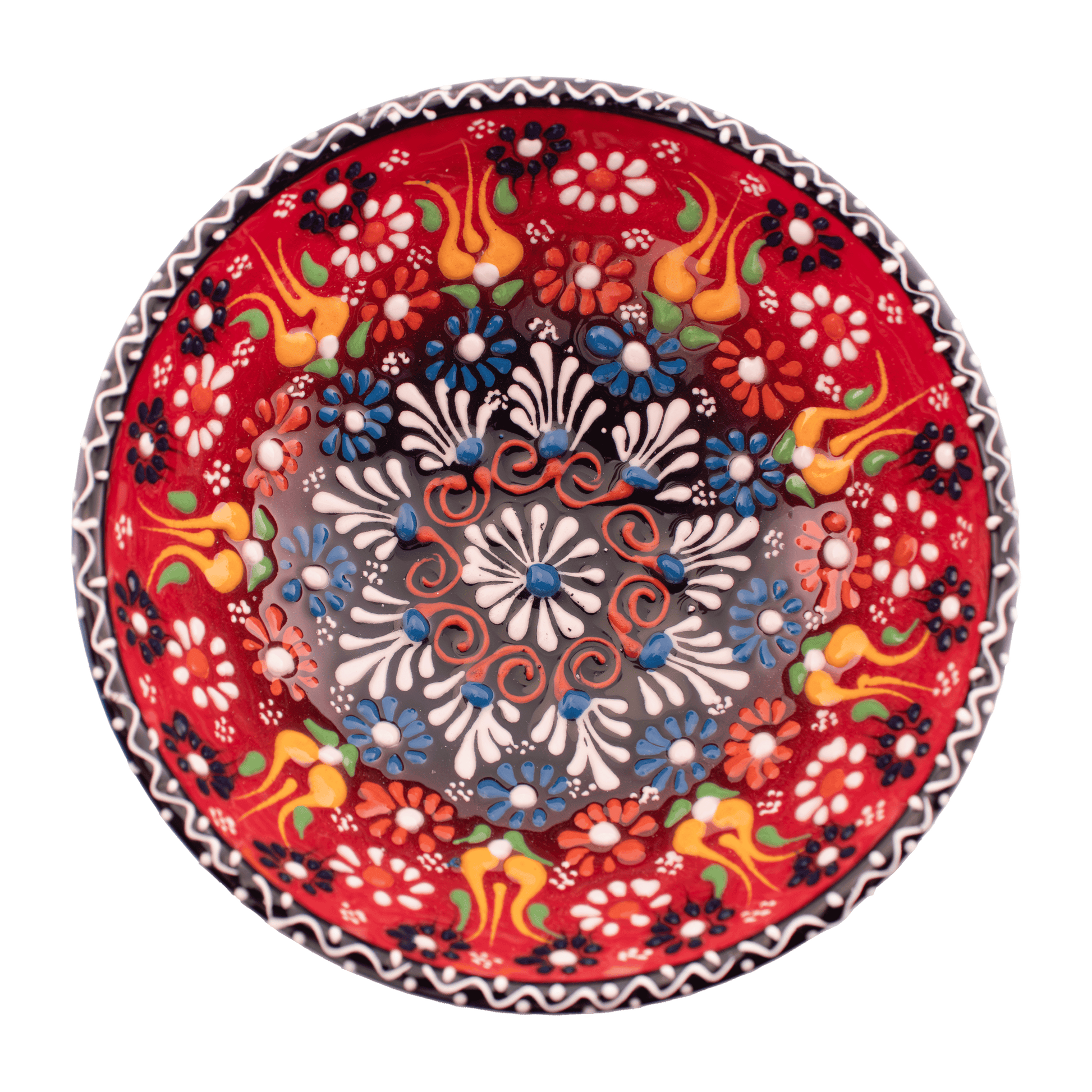 Handmade red and blue Middle Eastern-style ceramic bowl with an intricate floral design