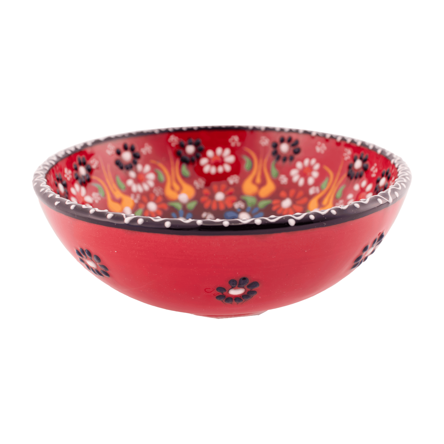 Handmade red and blue Middle Eastern-style ceramic bowl with an intricate floral design