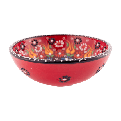 Handmade red and blue Middle Eastern-style ceramic bowl with an intricate floral design