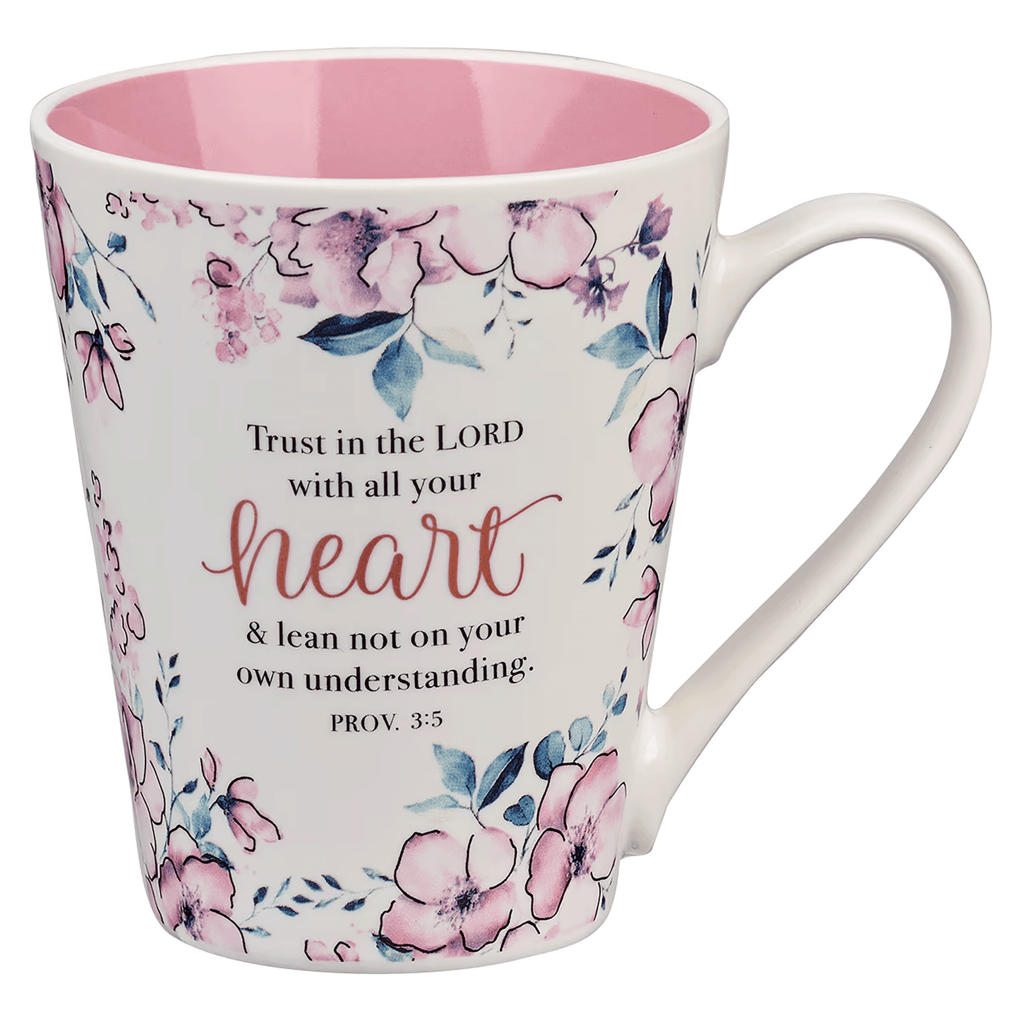 White cone-shaped coffee mug with a pink floral design and the Scripture “Trust in the LORD” on the front