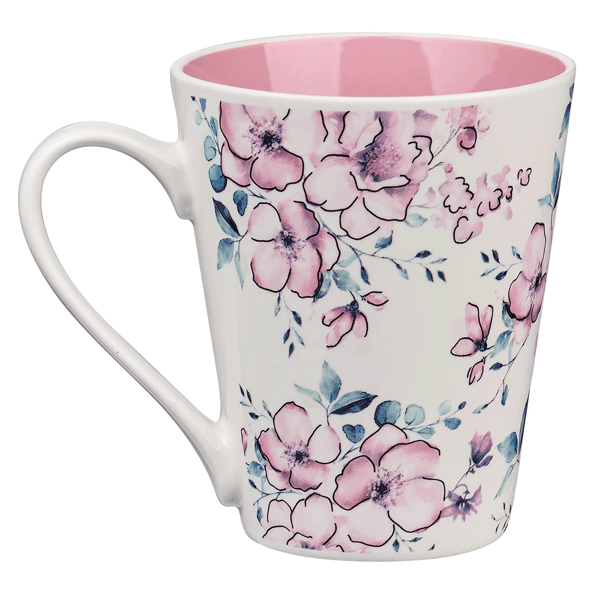 White cone-shaped coffee mug with a pink floral design and the Scripture “Trust in the LORD” on the front