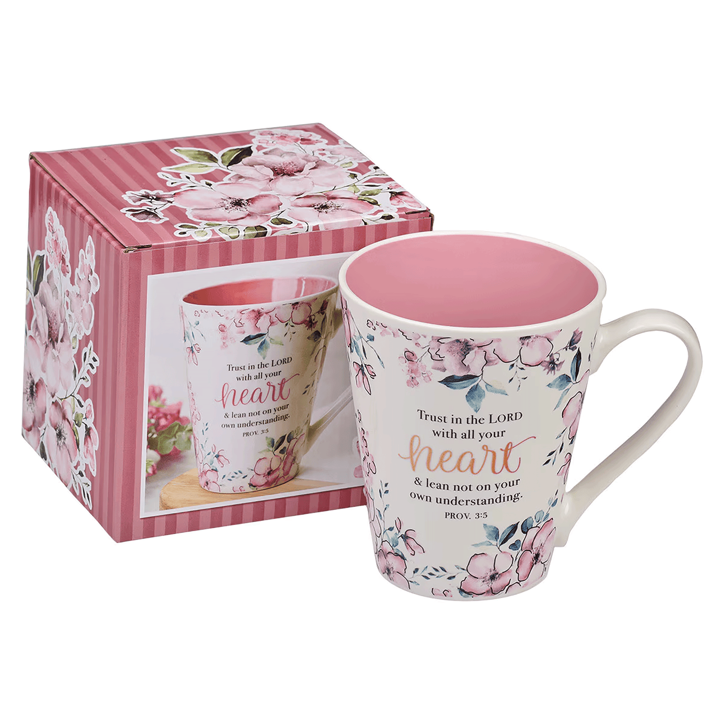 White cone-shaped coffee mug with a pink floral design and the Scripture “Trust in the LORD” on the front; comes with a pink floral gift box