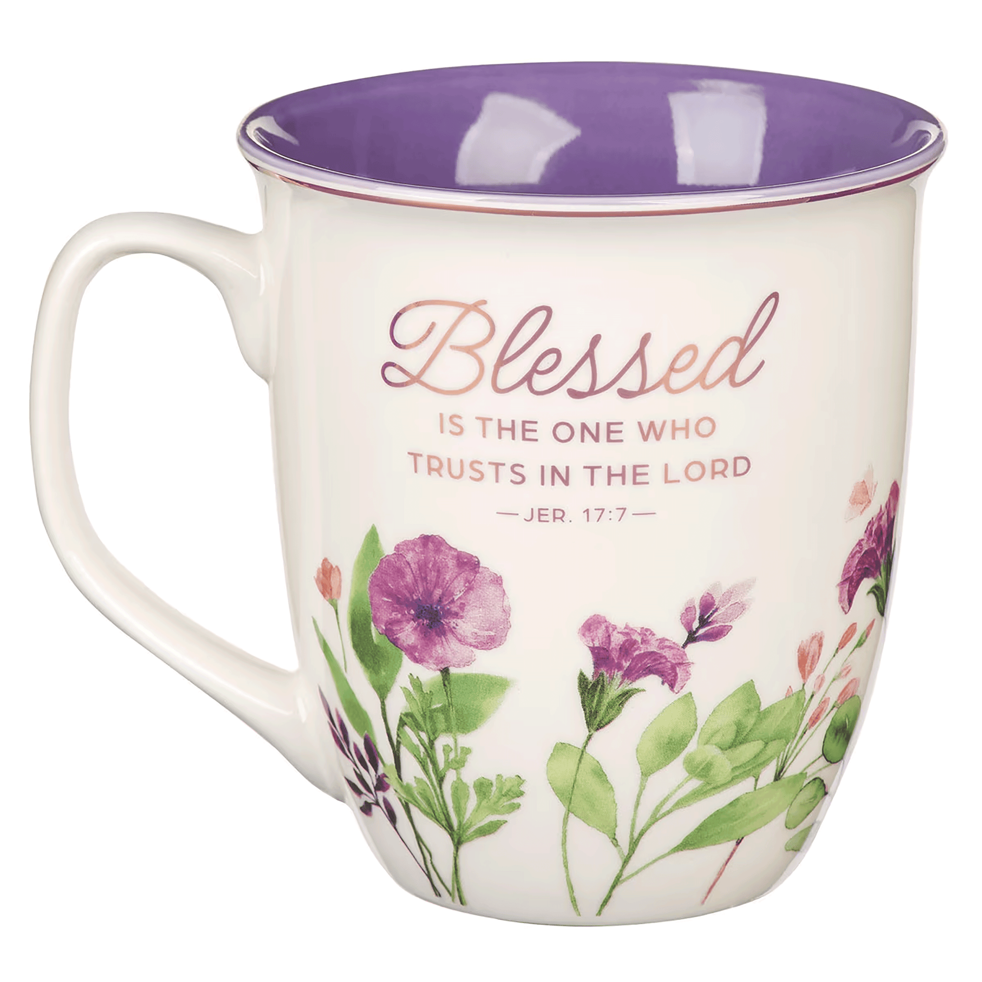 White “Blessed is the One” ceramic coffee mug with a purple watercolor meadow at the base and a purple interior