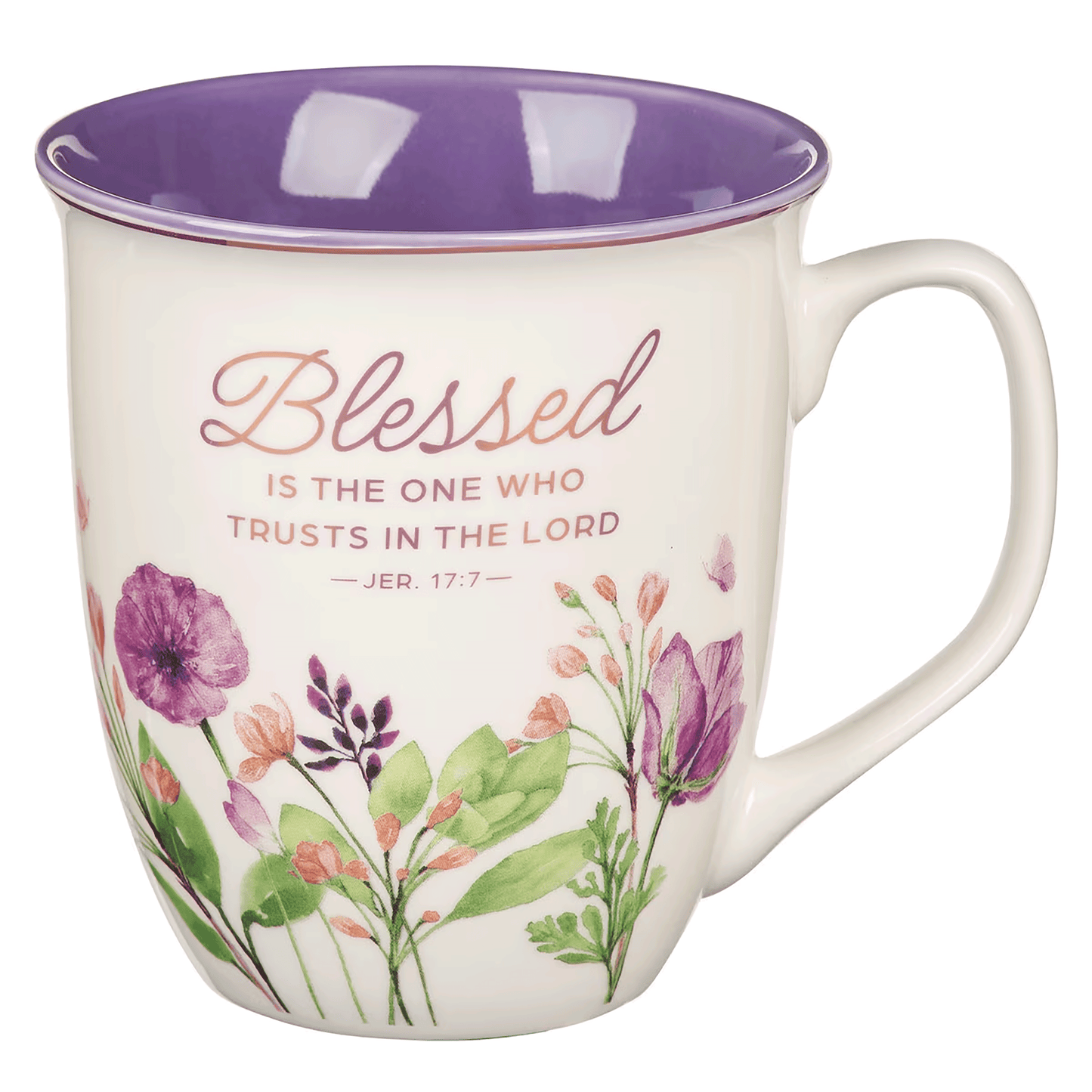 White “Blessed is the One” ceramic coffee mug with a purple watercolor meadow at the base and a purple interior