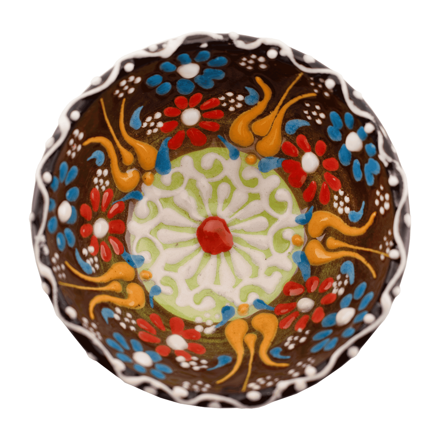 Handmade ceramic brown bowl with a multicolored floral design