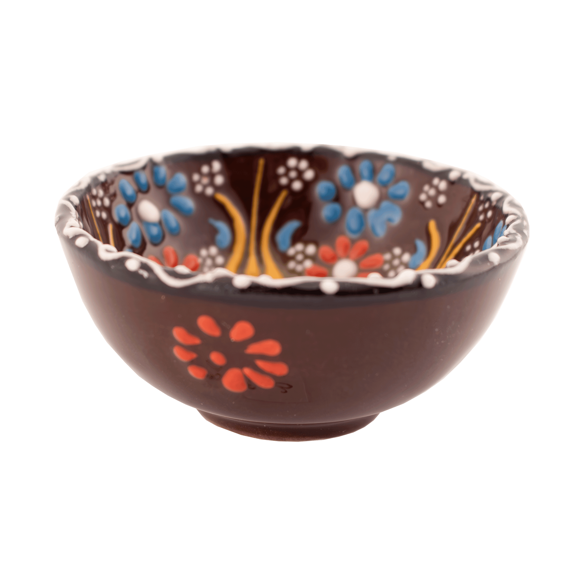 Handmade ceramic brown bowl with a multicolored floral design