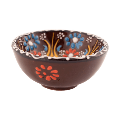 Handmade ceramic brown bowl with a multicolored floral design