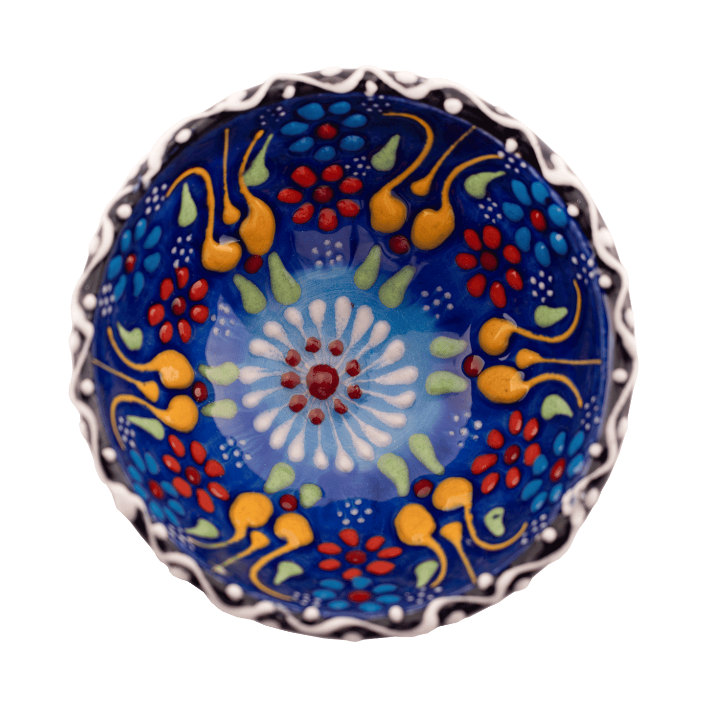 Handmade navy blue ceramic bowl with a multicolored floral design