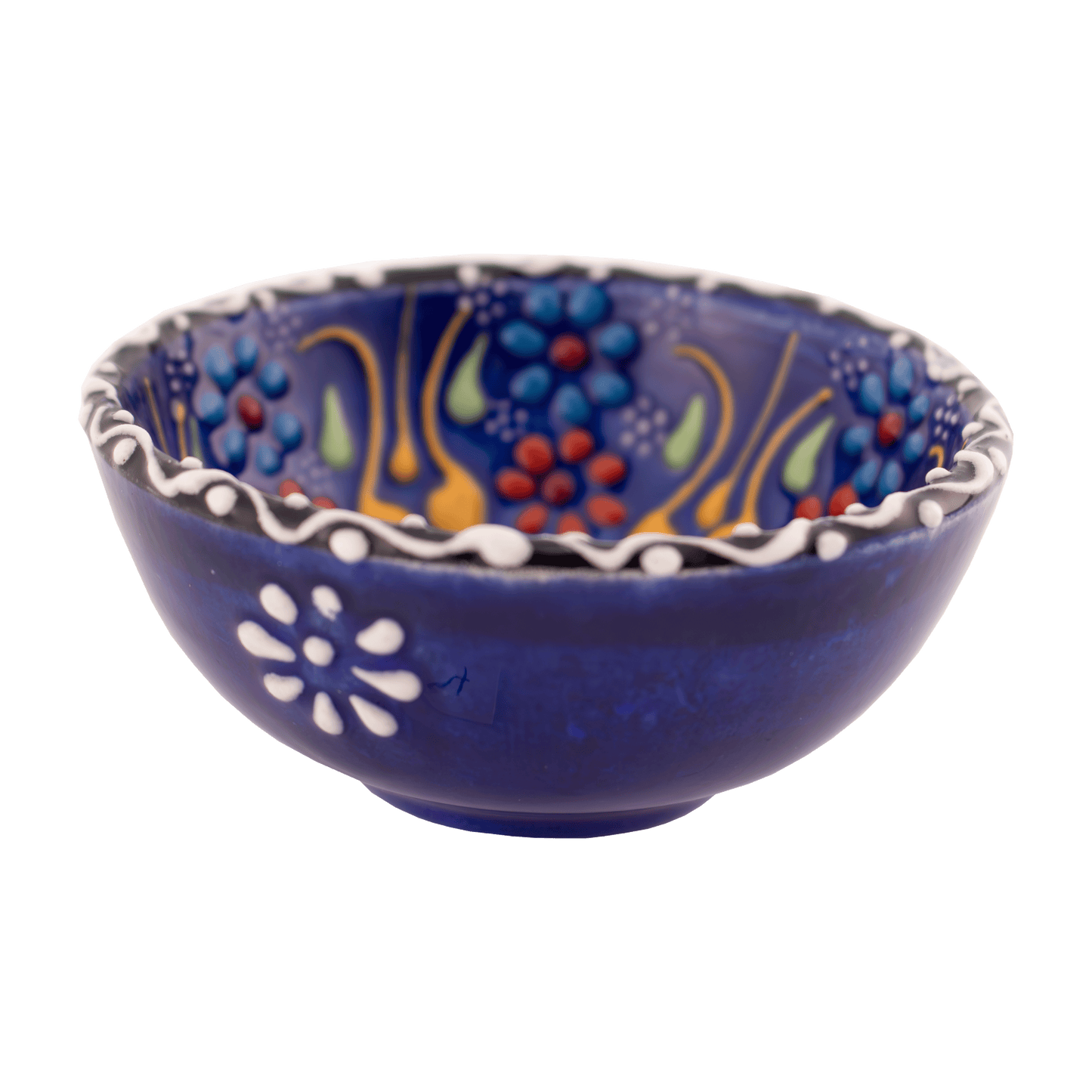 Handmade navy blue ceramic bowl with a multicolored floral design