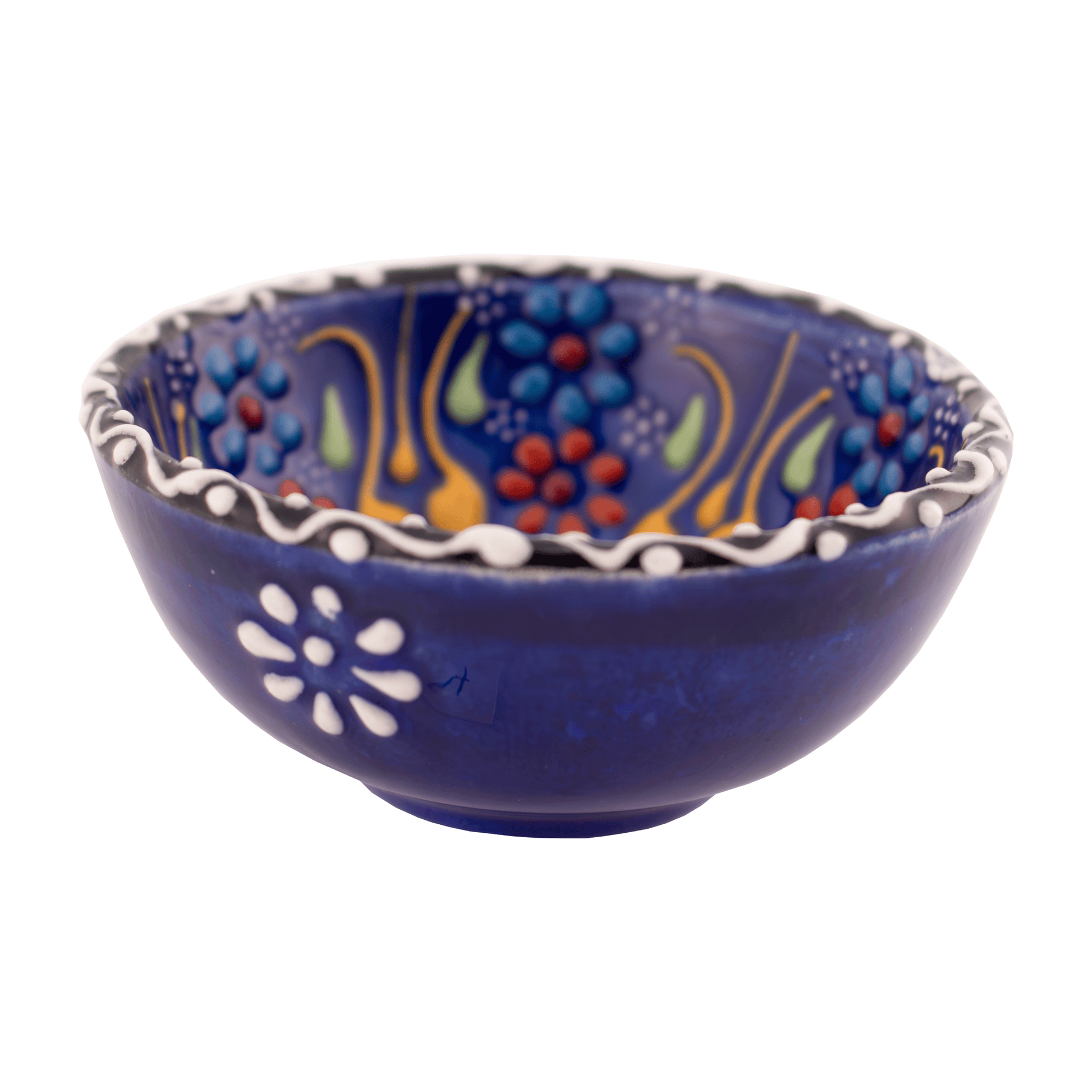 Handmade navy blue ceramic bowl with a multicolored floral design